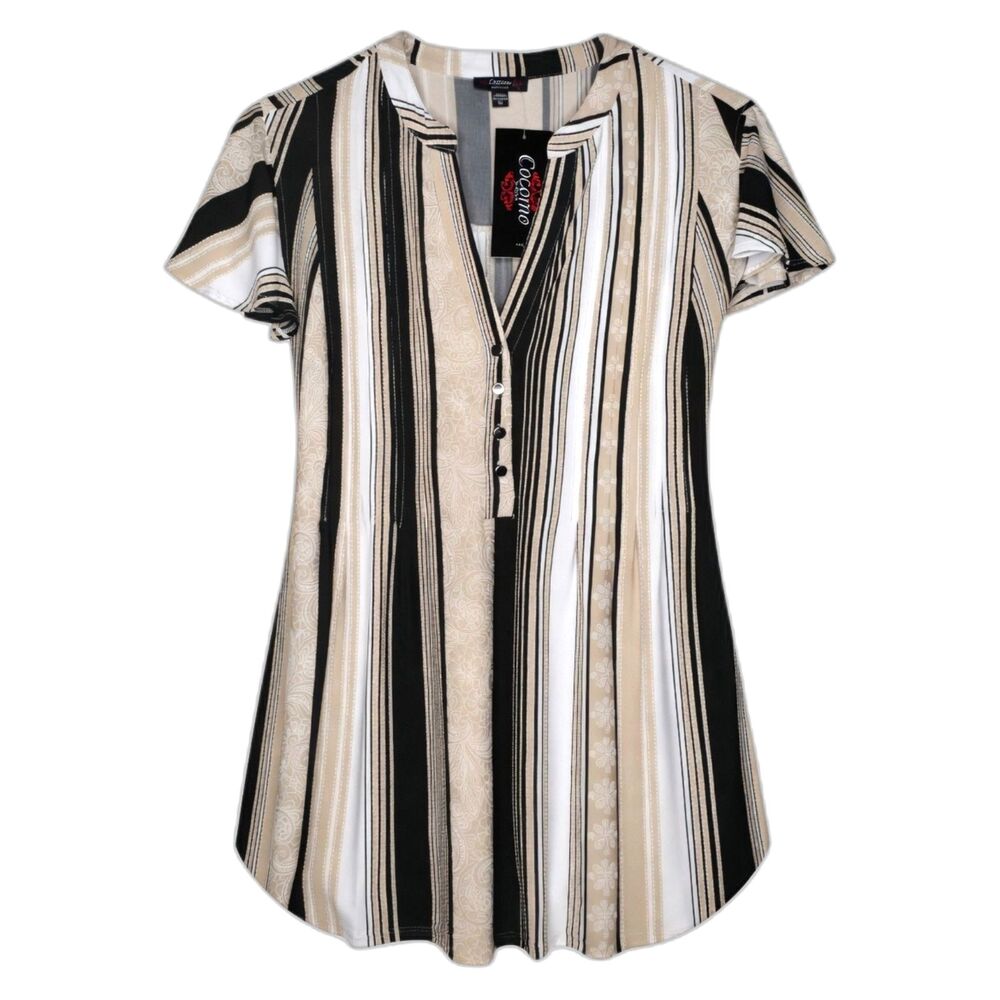 Cocomo Plus Size 1X Beige Multi Color Stripe Print Short Flutter Sleeve Top